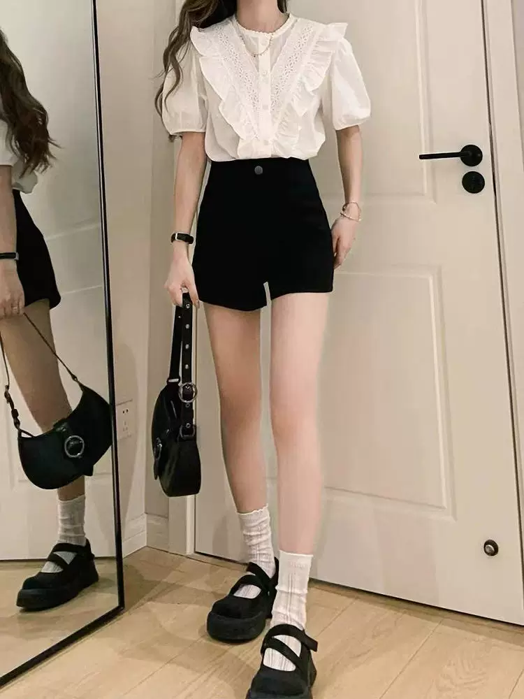 Quần short denim đen dáng quả lê dành cho nữ, size lớn mùa hè, lưng cao, co giãn, che hông, quần bó sát nâng mông chữ A