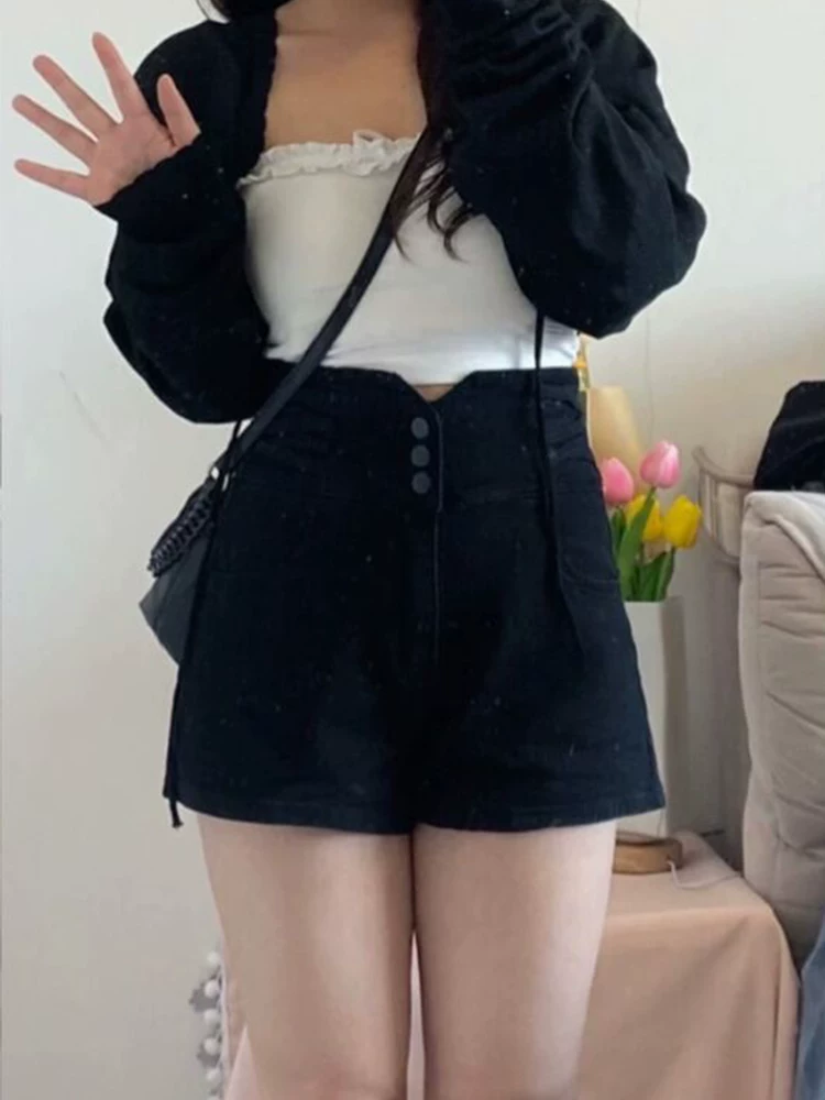 Quần short denim cạp cao che bụng cỡ lớn dành cho nữ, kiểu dáng mỏng mùa hè, dáng quả lê, co giãn, quần chữ A giảm béo