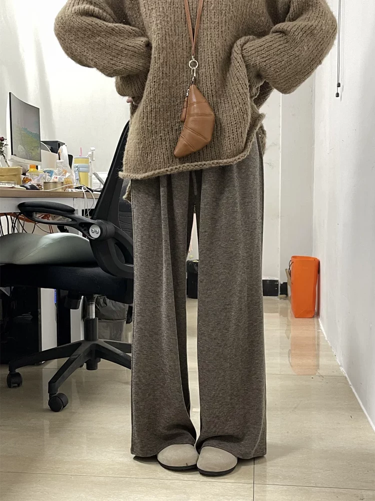 Quần gạo nếp màu cà phê Melard dành cho nữ, lót lông cừu mùa đông, cỡ lớn, lưng cao, che hông, dáng suôn, tôn dáng, quần ống rộng.