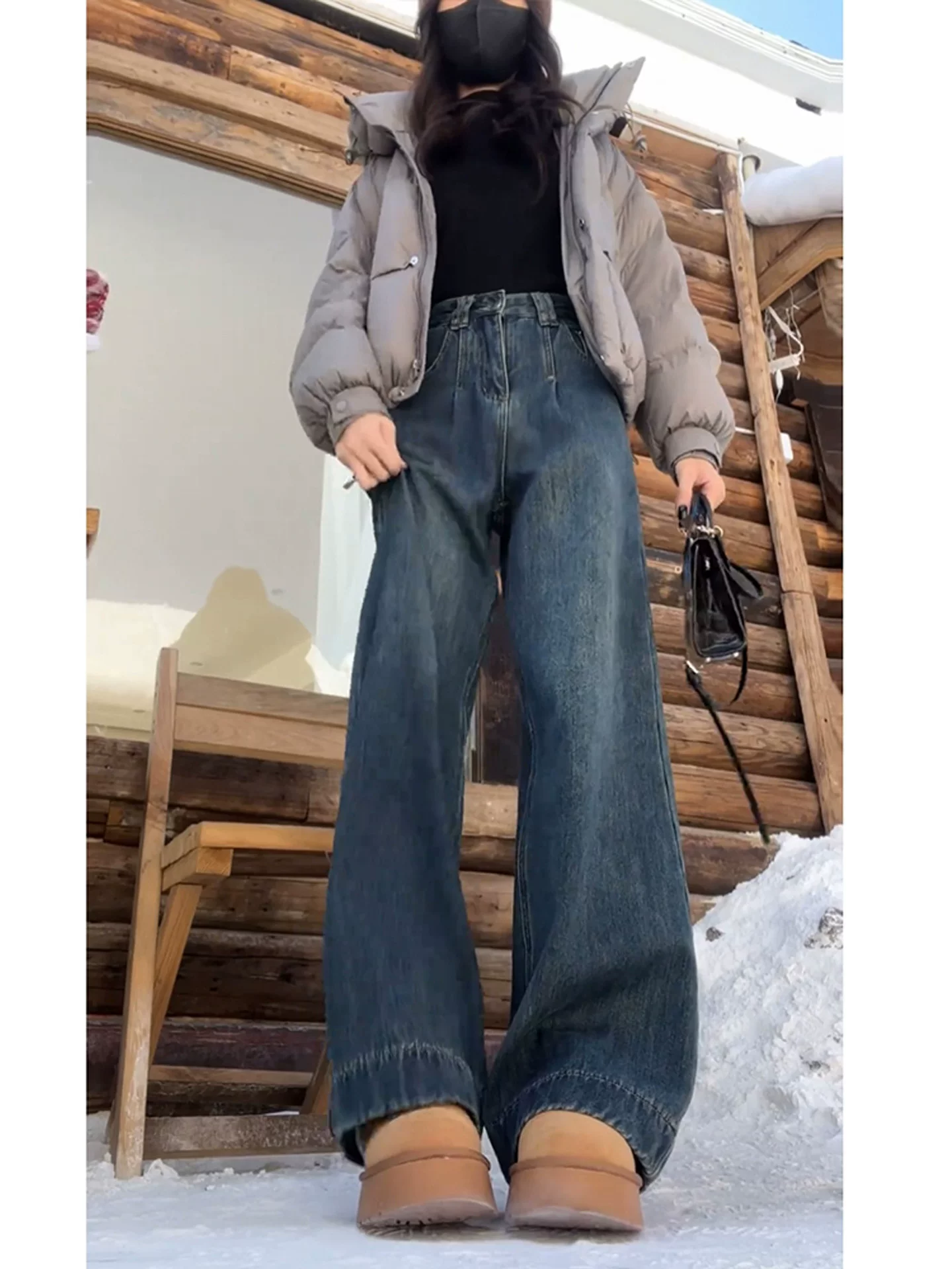 Quần jean ống thẳng dày lót lông cừu màu xanh cổ điển dành cho nữ, mùa thu đông, cỡ lớn, dáng quả lê, quần ống rộng cạp cao, giảm béo