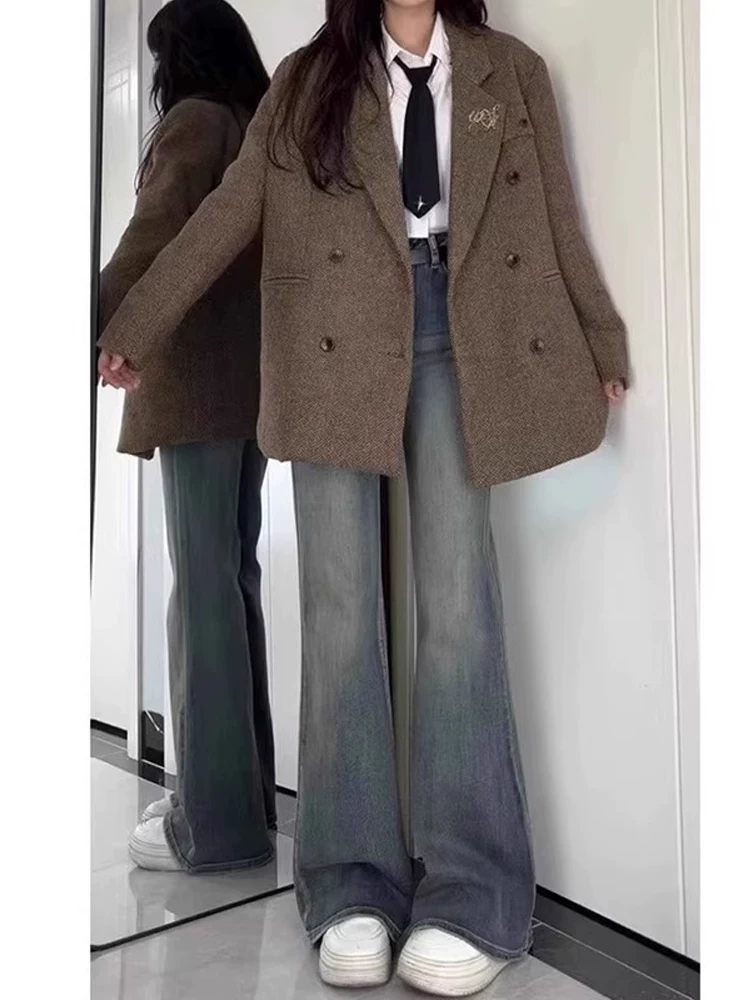 Quần jean xòe màu xanh cổ điển dành cho nữ, mùa thu đông, lót lông cừu, cỡ lớn, lưng cao, co giãn, che hông, giảm béo, quần chuông kiểu móng ngựa.