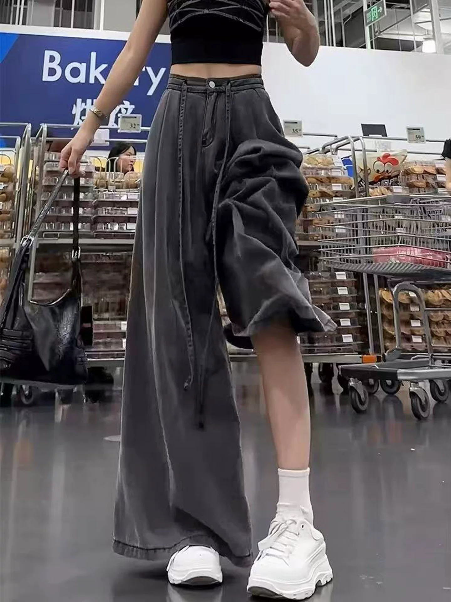 Quần jean ống rộng Tencel màu đen và xám dành cho nữ, kiểu dáng mỏng mùa hè, cỡ lớn, lưng cao, rộng rãi, mềm mại, tôn dáng, quần dài chạm sàn.