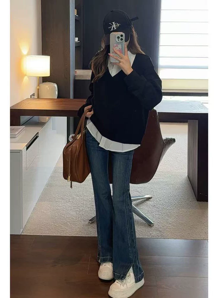 Quần ống loe dành cho nữ, kiểu dáng thu đông mới, cỡ lớn, lót lông cừu, dày dặn, cạp cao, che hông, co giãn, tôn dáng, quần denim ống loe.