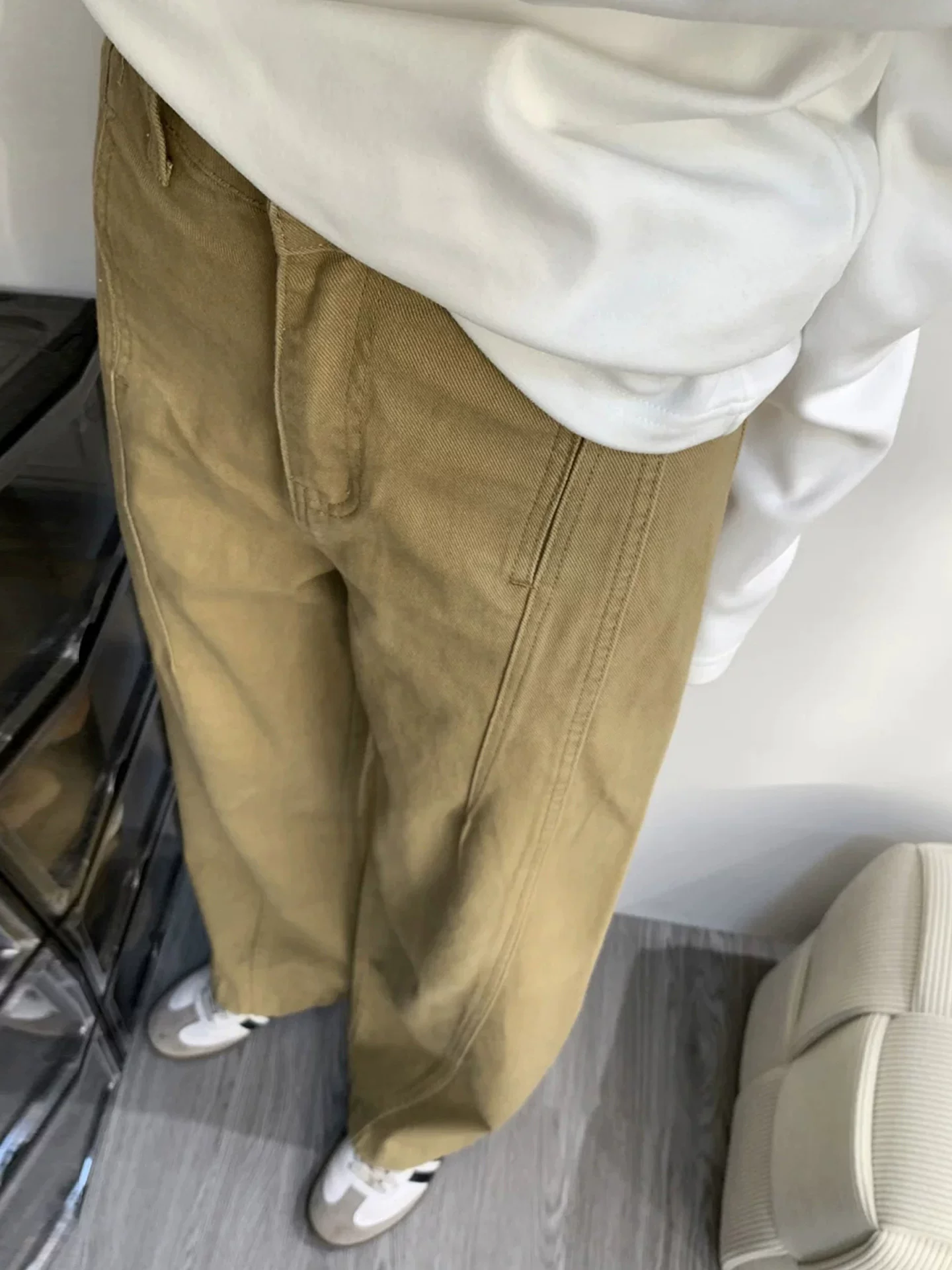 Quần kaki ống rộng cho nữ, mùa thu, cỡ lớn, lưng cao, dáng rộng, mềm mại, dáng nhỏ nhắn, quần denim ống thẳng