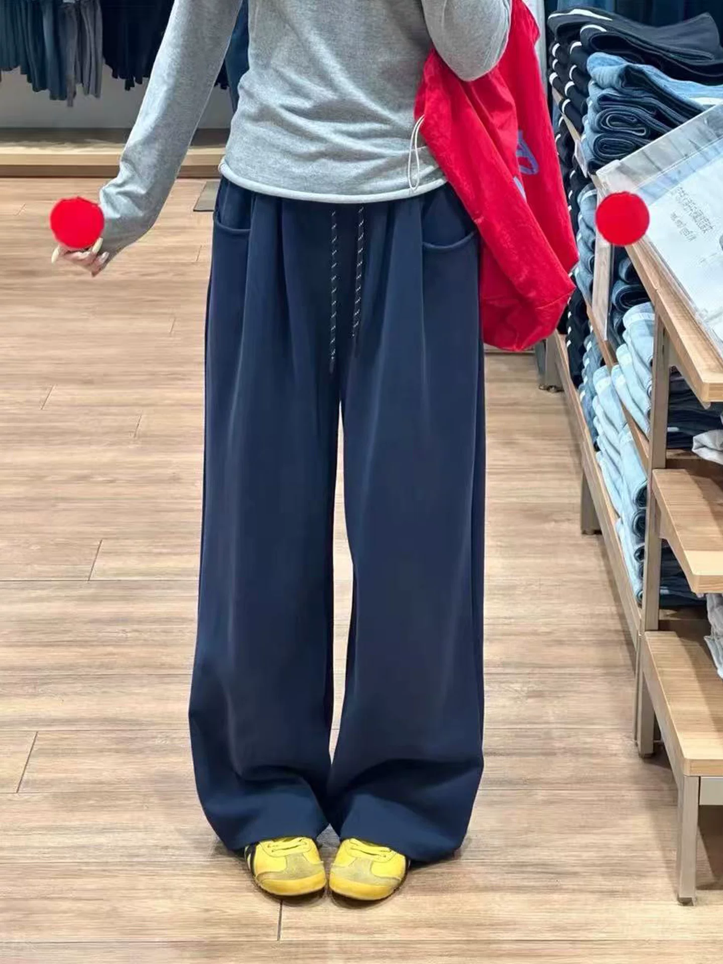 Quần âu lưng cao màu đen dành cho nữ, mùa thu, cỡ lớn, giảm béo, dáng quả lê, quần dài ống rộng