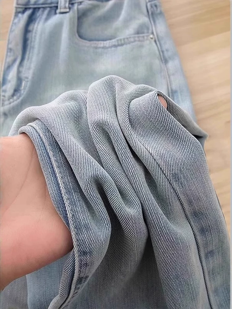 Quần jean Tencel màu xanh nhạt dành cho nữ, kiểu dáng mỏng mùa hè, cỡ lớn, lưng cao, dáng rộng, tôn dáng, quần ống rộng bằng vải lụa băng mềm mại.