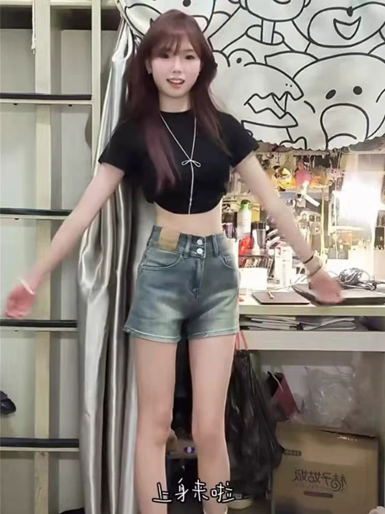 Quần short denim cổ điển kiểu Mỹ dành cho nữ, cỡ lớn mùa hè, cạp cao, co giãn, thon gọn, quần ống rộng dáng chữ A nhỏ nhắn.
