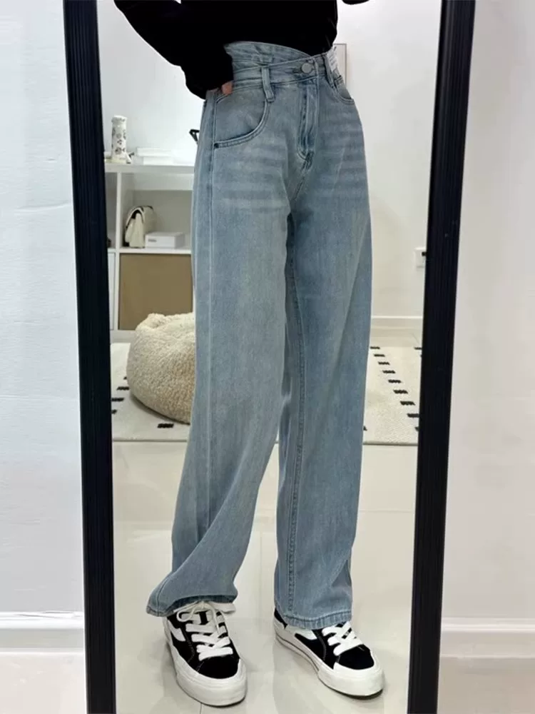 Quần jean ống thẳng màu xanh nhạt dành cho nữ có thân hình hình quả lê, đầu thu, cỡ lớn, cạp cao, quần ống rộng thon gọn