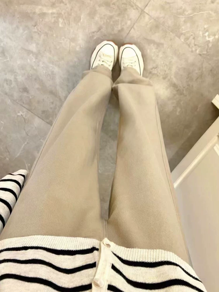 Quần jean ống đứng màu kaki cho nữ, cỡ lớn, phong cách mới mùa thu, lưng cao, dáng rộng, che hông, giảm béo, quần ống rộng