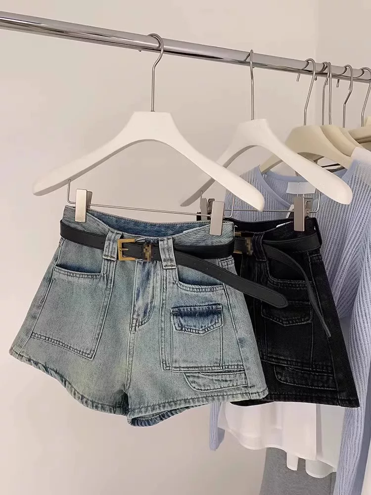 Quần short denim cổ điển của Mỹ dành cho nữ, cỡ lớn mùa hè, lưng cao, giảm béo, dáng quả lê, quần ống rộng chữ A