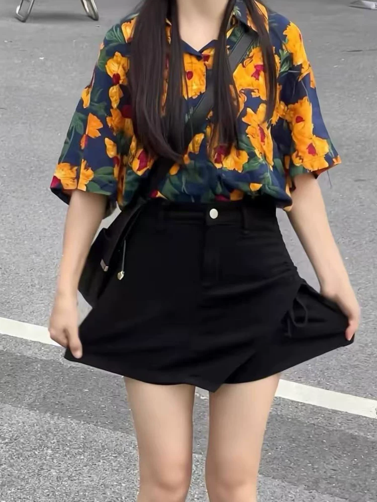 Váy denim dành cho nữ, kiểu dáng mỏng mùa hè, cỡ lớn, lưng cao, co giãn, che hông, giảm béo, quần váy ngắn chữ A không đều.