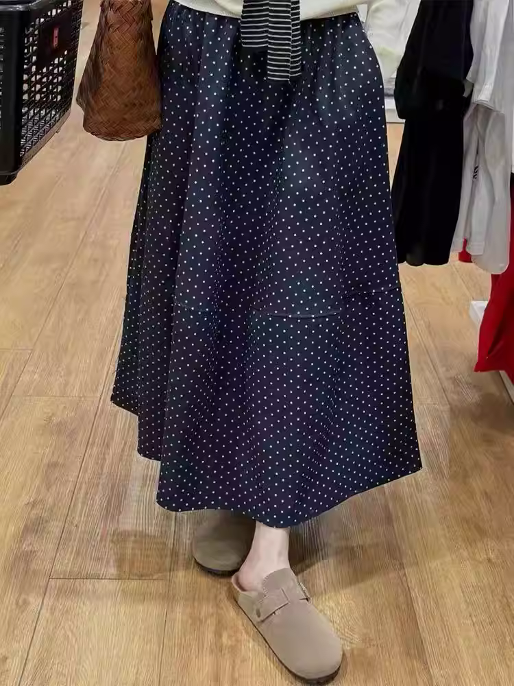 Váy chấm bi màu xanh hải quân dành cho nữ, cỡ lớn mùa hè, lưng cao, che hông, giảm béo, dáng quả lê, váy midi chữ A