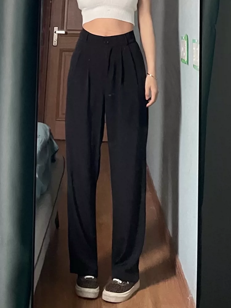 Quần ống rộng dáng quả lê dành cho nữ, phong cách đầu thu, dáng hơi mũm mĩm, cảm giác cao cấp, mềm mại, lưng cao, quần kiểu dáng thon gọn