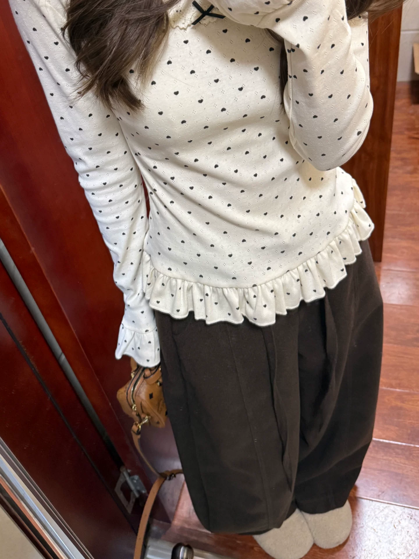 Quần âu kiểu scimitar bằng len màu nâu dành cho nữ, mùa thu đông, lót lông cừu, cỡ lớn, lưng cao, giảm béo, dáng rộng, quần ống rộng.