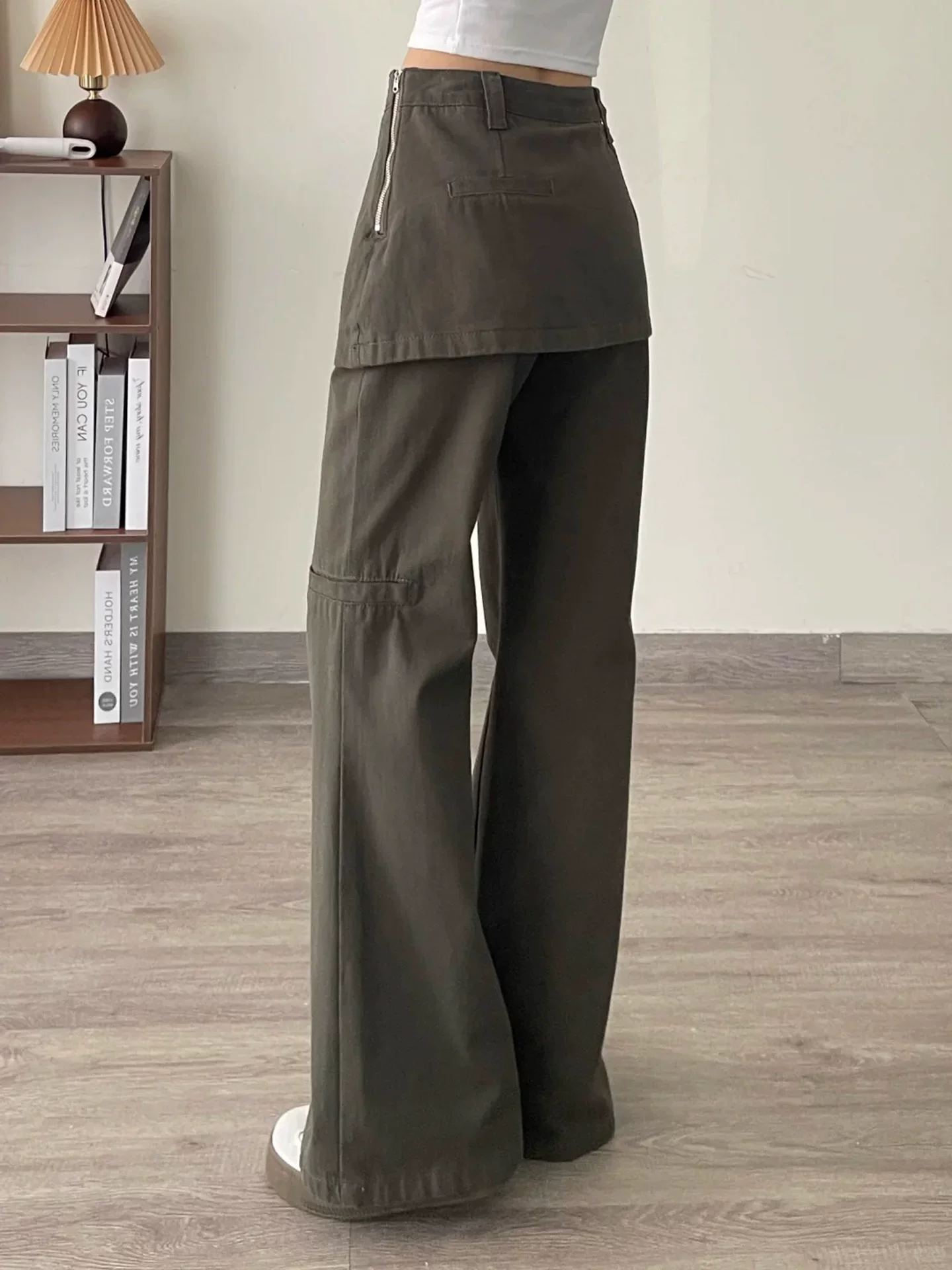 Quần jean giả hai mảnh kiểu Mỹ dành cho nữ, mùa thu, cỡ lớn, lưng cao, che hông, giảm béo, không bó sát, quần ống rộng kiểu công sở