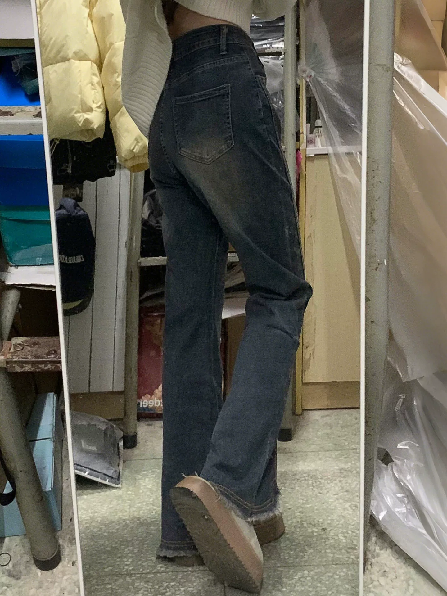 Quần jean xẻ tà thô, kiểu dáng mới mùa thu, size lớn, cạp cao, co giãn, che hông, quần ống loe tôn dáng