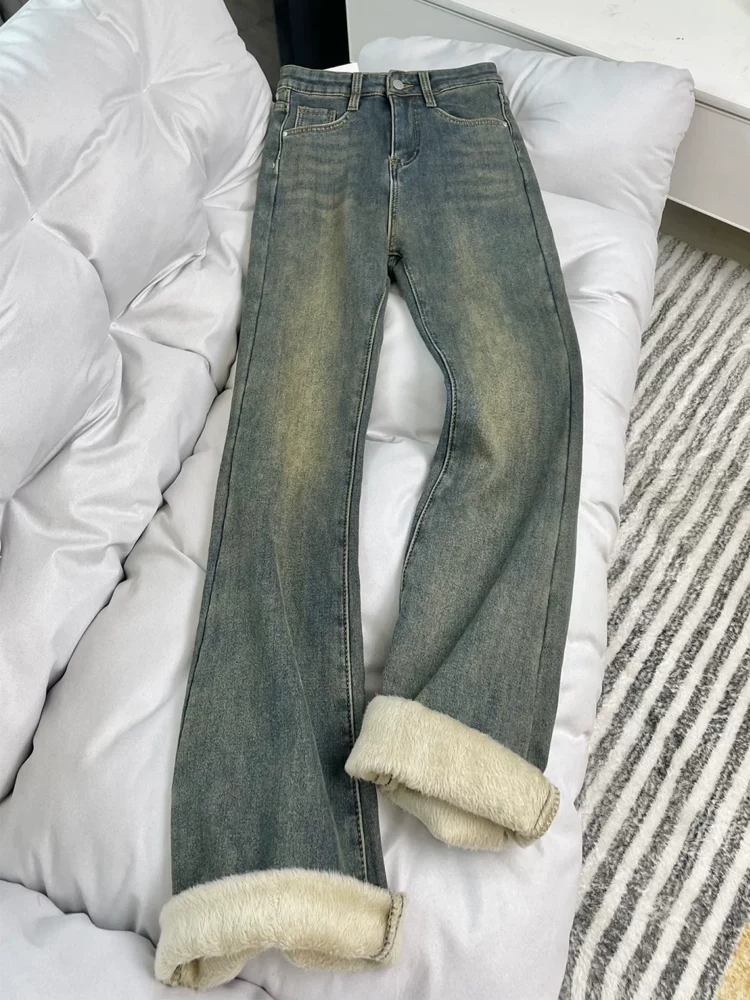 Quần jean ống loe dày lót lông cừu màu xanh cổ điển dành cho nữ, mùa thu đông, cỡ lớn, lưng cao, che hông, giảm béo, quần ống chuông kiểu móng ngựa.
