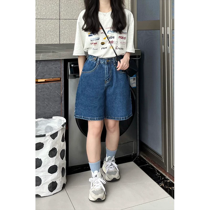 Quần short denim dáng lê dành cho nữ, size lớn mùa hè, cạp cao, tôn dáng, đa năng, dáng rộng, quần short chữ A năm điểm dành cho các cô nàng mũm mĩm.