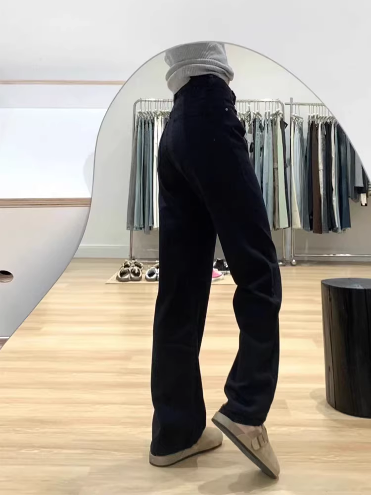 Quần jean đen ống thẳng cho nữ, kiểu dáng mùa thu mới, cỡ lớn, lưng cao, co giãn, giảm béo, dáng quả lê, quần ống rộng