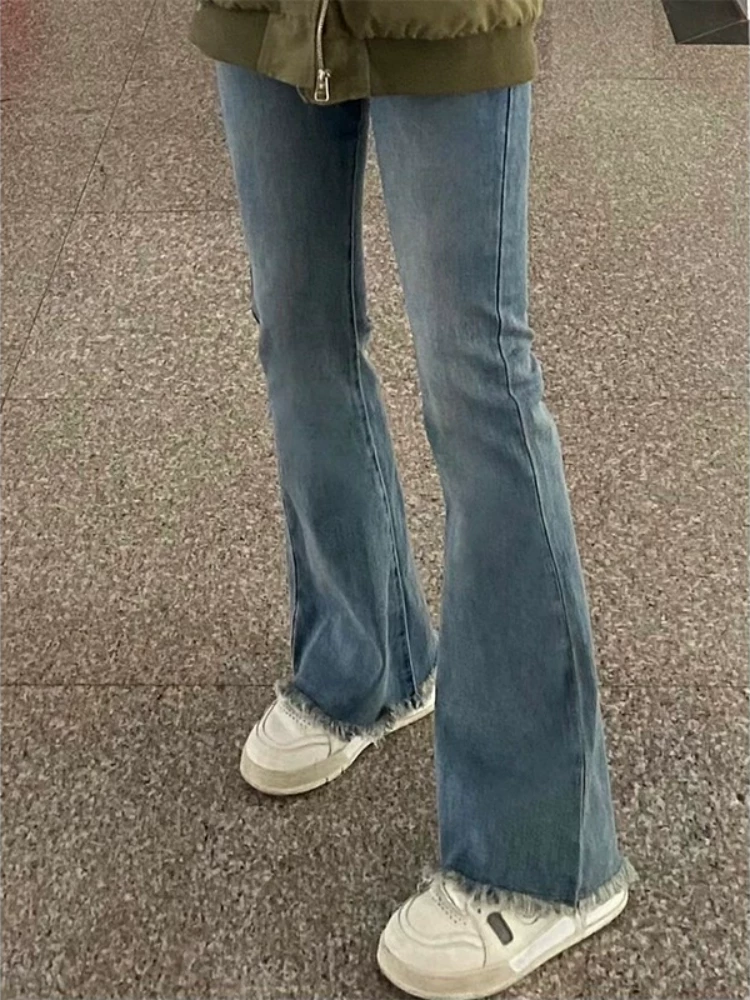 Quần jean dáng lê dành cho nữ, lót lông cừu mùa thu đông, cỡ lớn, lưng cao, thon gọn, co giãn, viền xù, quần ống loe, hợp thời trang.