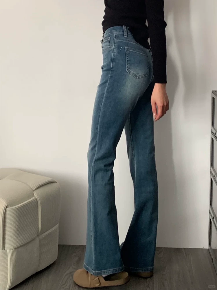 Quần jeans ống loe thẳng dày dặn lót lông cừu dành cho nữ mùa đông 2024, size lớn, cạp cao, co giãn, che hông, tôn dáng, kiểu chuông