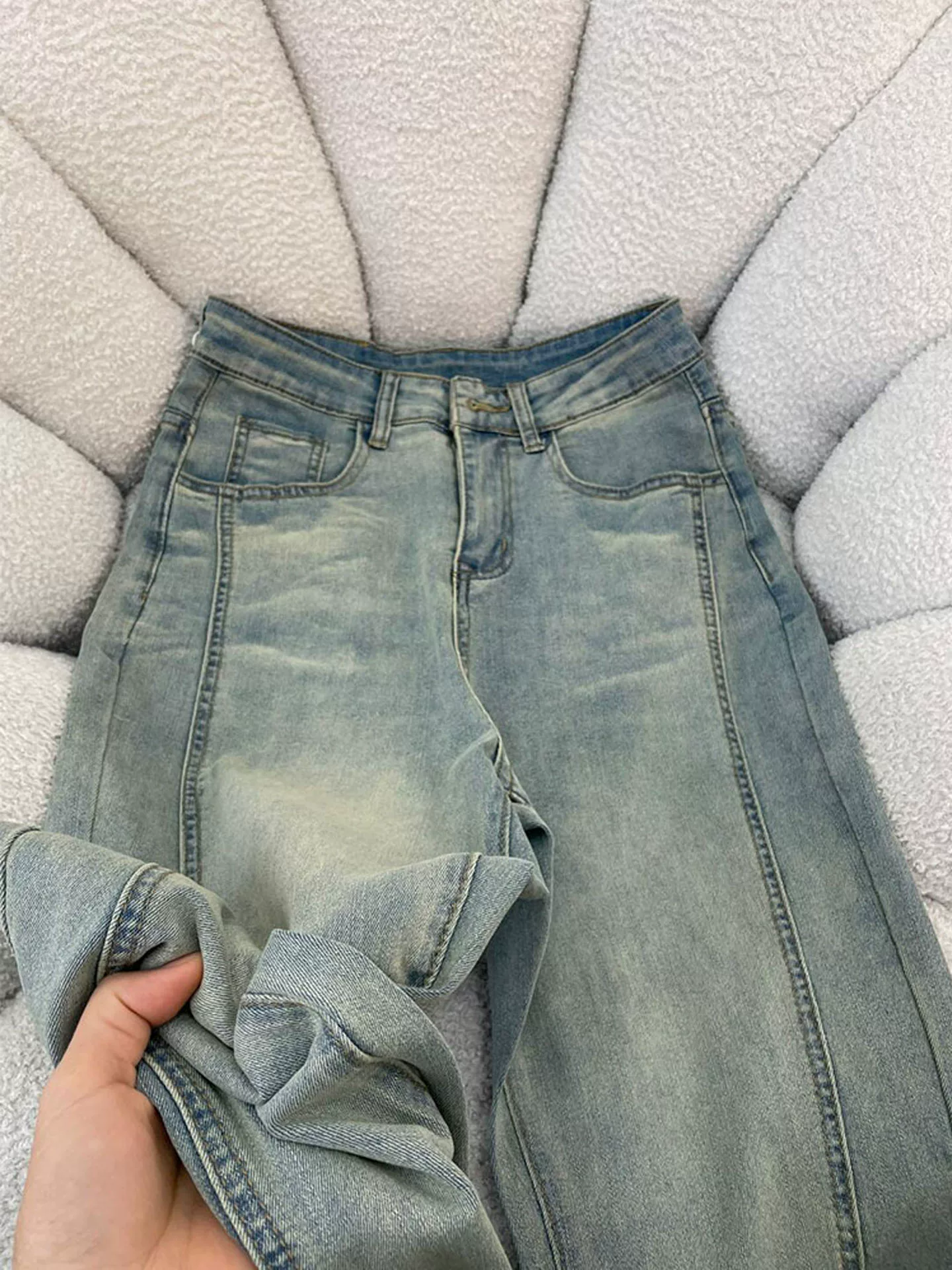 Quần jean xẻ tà màu xanh nhạt dành cho nữ, kiểu dáng mùa thu mới, cỡ lớn, lưng cao, co giãn, che hông, giảm béo, quần ống chuông.