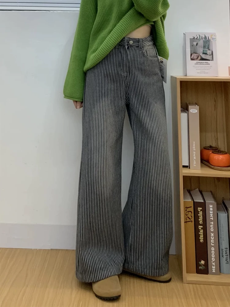 Quần jean ống rộng sọc cổ điển dành cho nữ, mùa thu đông, lót lông cừu, cỡ lớn, dành cho hông rộng, chân dày, dáng quả lê, quần ống thẳng