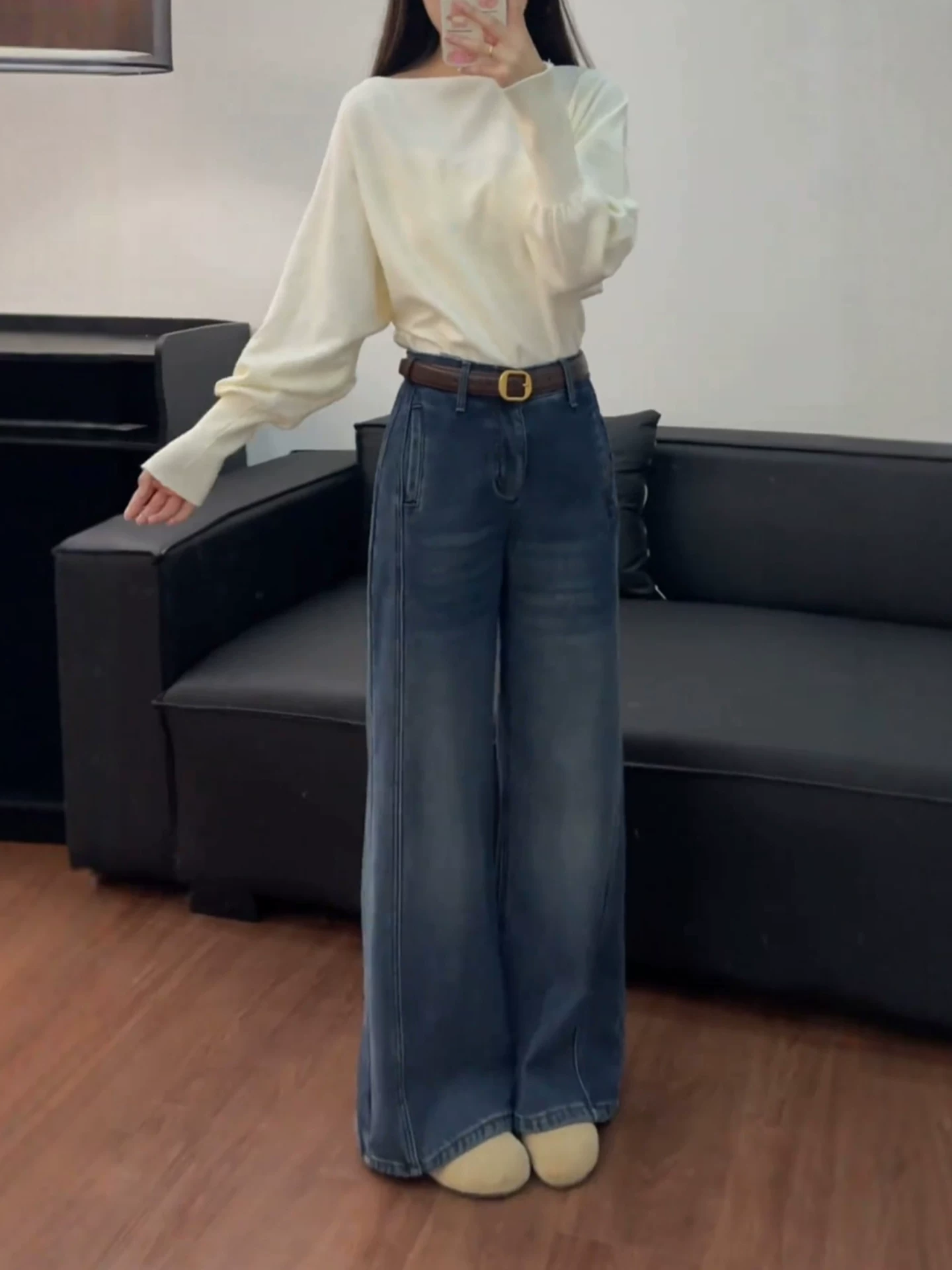 Quần jean ống rộng dày lót lông cừu dành cho nữ, mùa thu đông, cỡ lớn, lưng cao, dáng rộng, mềm mại, tôn dáng, quần ống đứng nhỏ nhắn