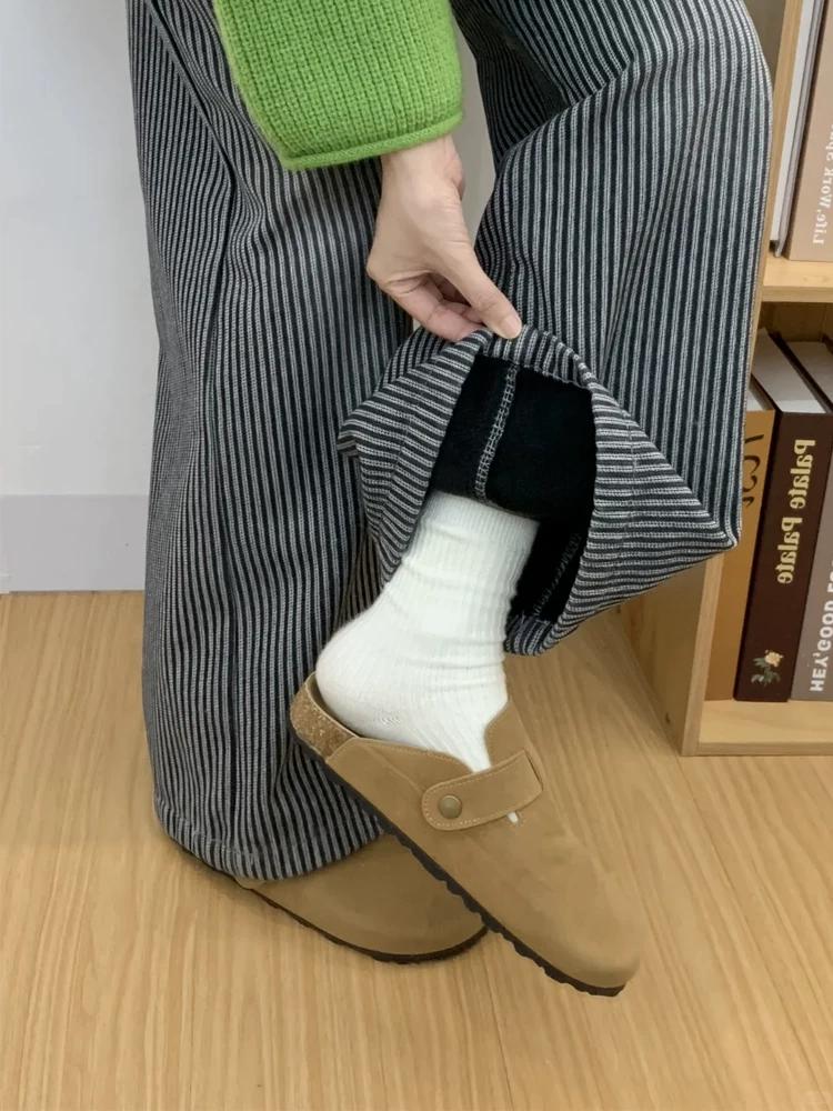 Quần jean ống rộng sọc cổ điển dành cho nữ, mùa thu đông, lót lông cừu, cỡ lớn, dành cho hông rộng, chân dày, dáng quả lê, quần ống thẳng