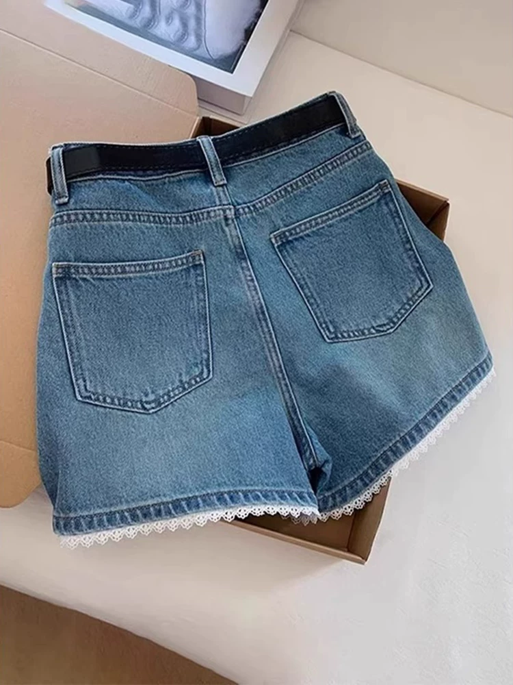 Quần short denim xanh vintage nữ mùa hè 2025, size lớn, cạp cao, dáng rộng, tôn dáng, kiểu dáng chữ A, ống rộng, quần short ngắn