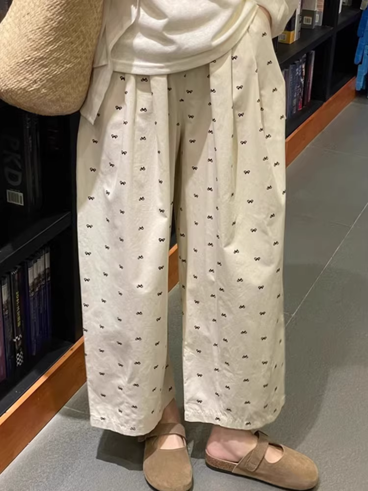 Quần âu kiểu Nhật có nơ dành cho nữ, quần bóng dáng rộng cỡ lớn mùa hè, quần ống rộng Yamamoto cạp cao, dáng rộng, tôn dáng