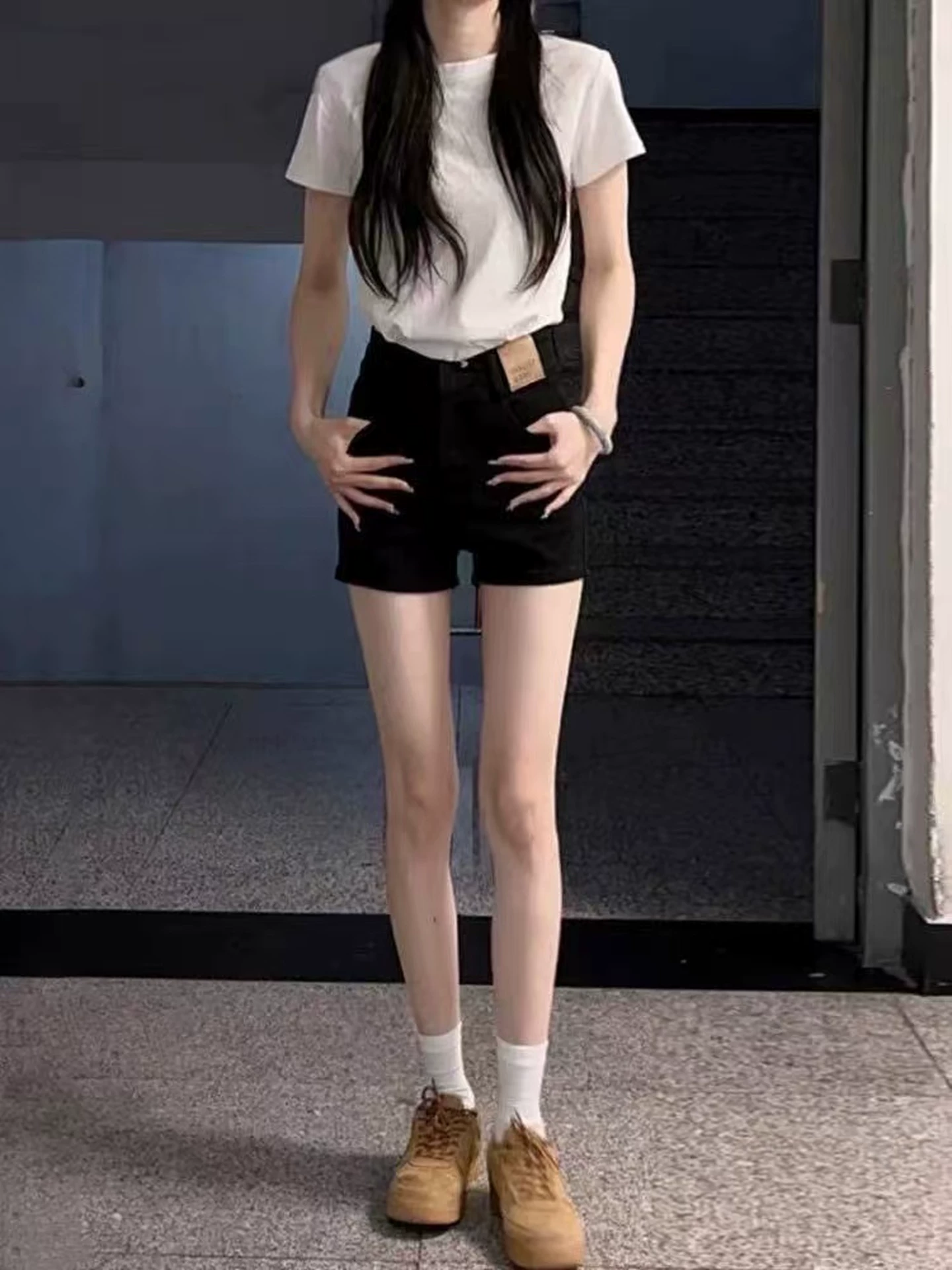 Quần short denim đen dành cho nữ, mùa hè, cỡ lớn, lưng cao, co giãn, giảm béo, dáng quả lê, dáng chữ A, quần ống rộng