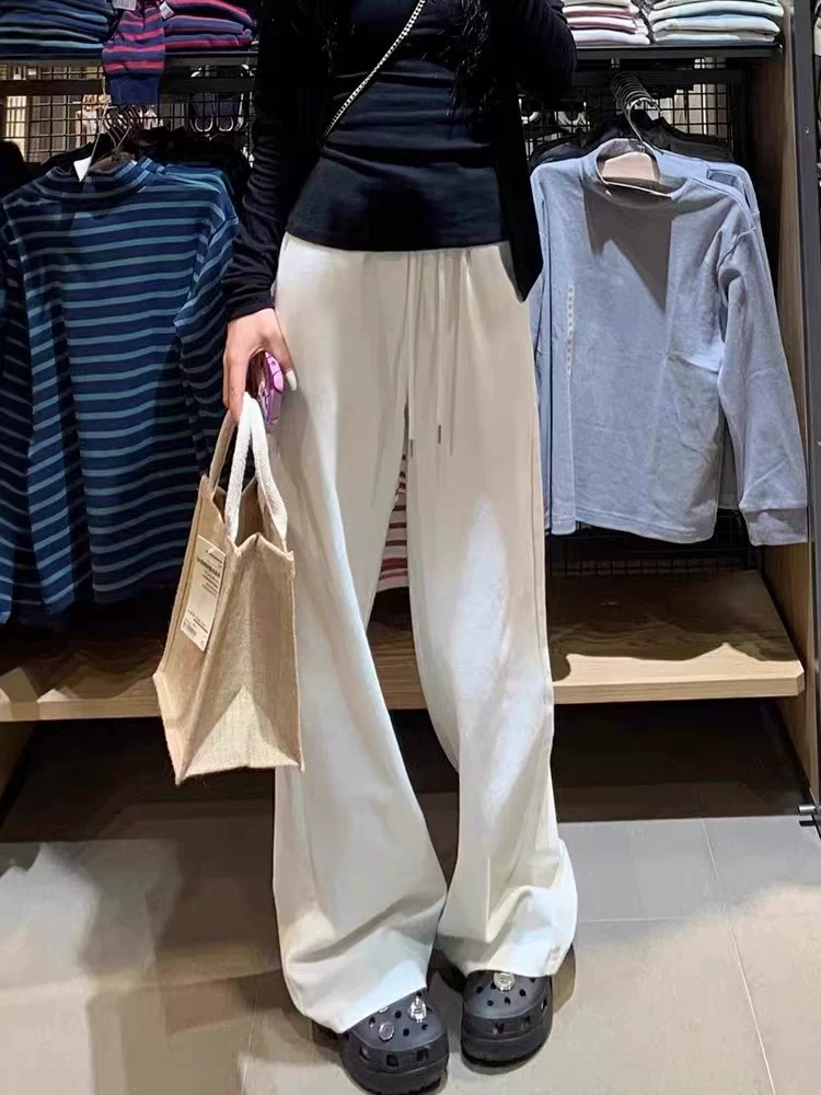 Quần âu dáng lê màu trắng dành cho nữ, kiểu dáng mỏng mùa hè, cỡ lớn, lưng cao, dáng rộng, mềm mại, tôn dáng, quần thể thao ống rộng.