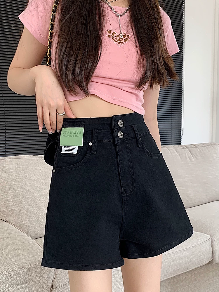 Quần short denim lưng cao màu đen dành cho nữ, kiểu dáng mỏng mùa hè, cỡ lớn, giảm béo, che bụng, quần ống rộng dáng chữ A nhỏ nhắn.