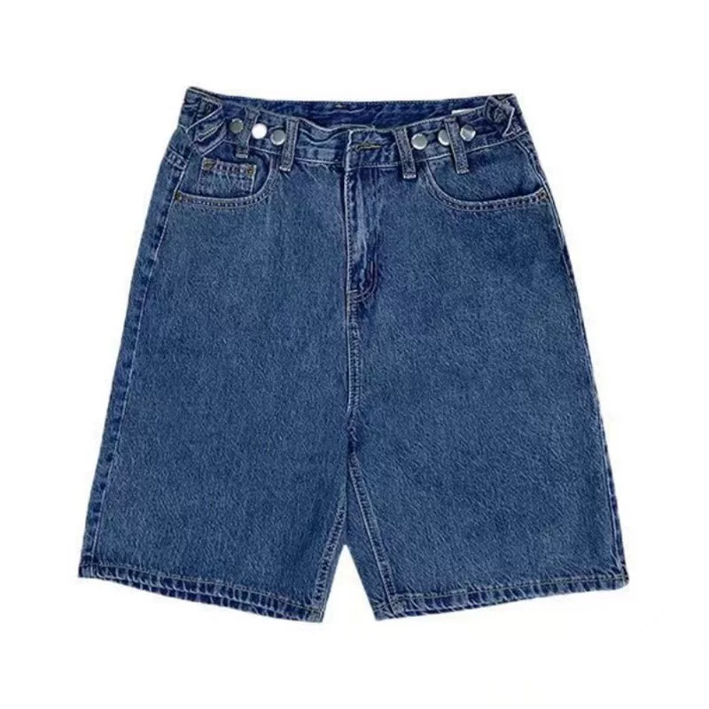 Quần short denim dáng lê dành cho nữ, size lớn mùa hè, cạp cao, tôn dáng, đa năng, dáng rộng, quần short chữ A năm điểm dành cho các cô nàng mũm mĩm.