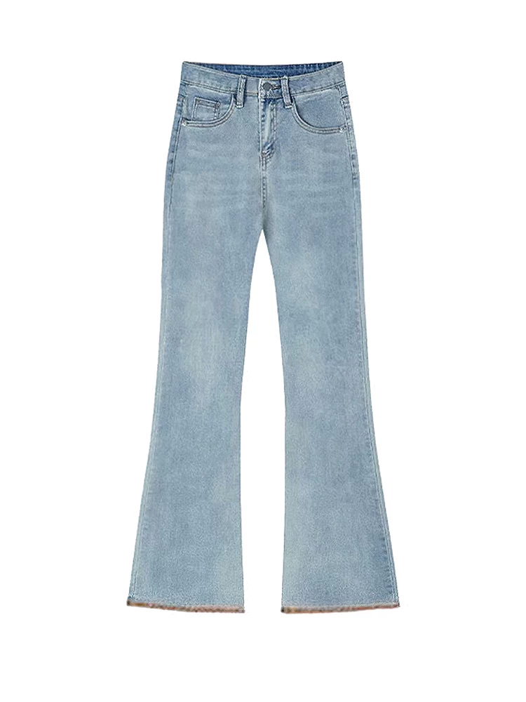 Quần jean ống rộng dành cho phụ nữ cỡ lớn, kiểu mới đầu xuân, cỡ lớn, màu xanh cổ điển, lưng cao, dáng rộng, dáng thon gọn, quần dài hình móng ngựa.