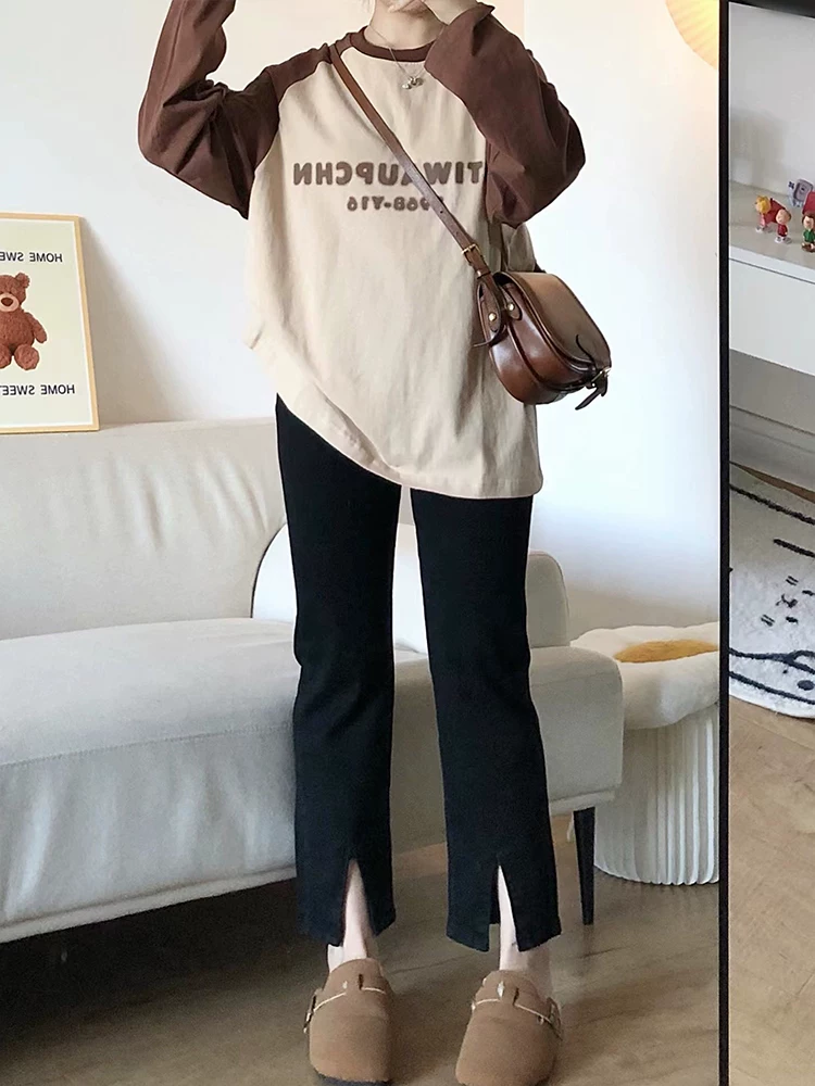 Quần jean ống thẳng dáng quả lê dành cho nữ, phong cách đầu thu, cỡ lớn, lưng cao, giảm béo, co giãn, quần xẻ tà, dài ngang đùi.