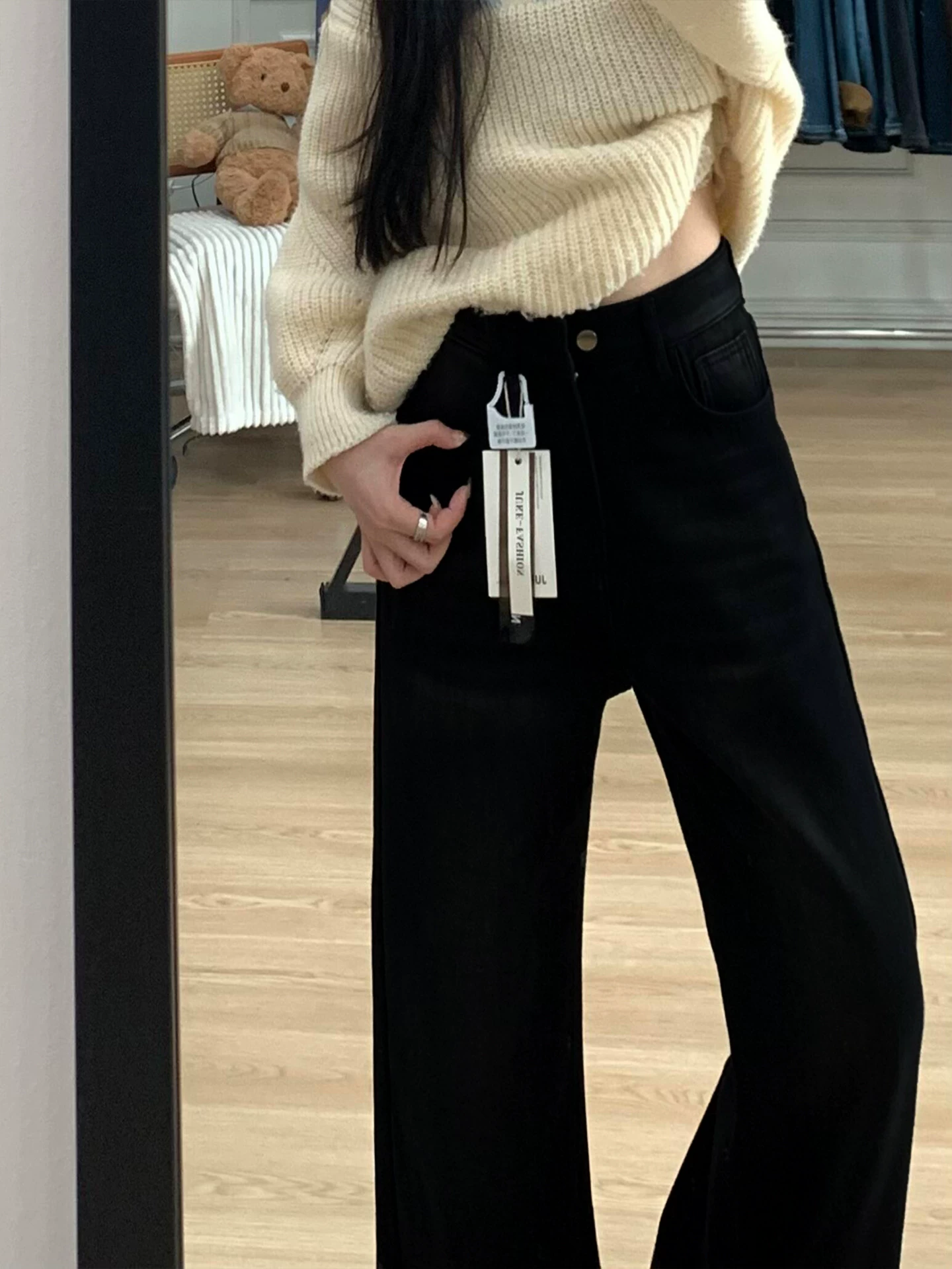 Quần jean đen ống đứng dành cho nữ, mùa đông, cỡ lớn, lót lông cừu, dày dặn, cạp cao, co giãn, che hông, dáng quả lê, quần ống rộng