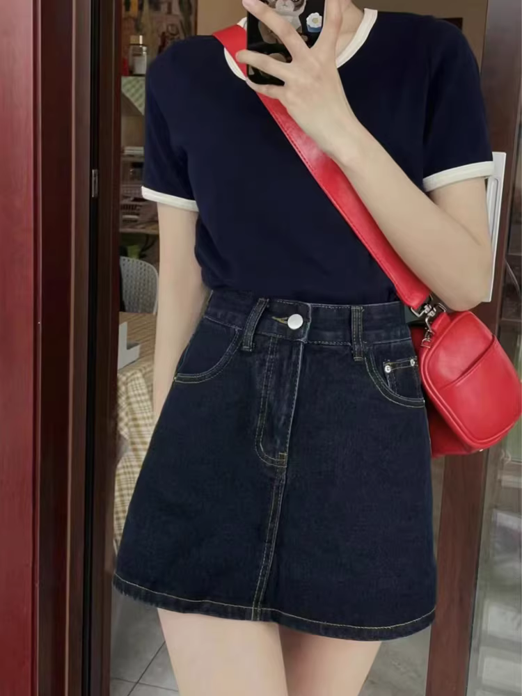 Váy ngắn denim dáng quả lê dành cho nữ, váy mỏng mùa hè, cỡ lớn, lưng cao, che hông, váy chữ A thon gọn.