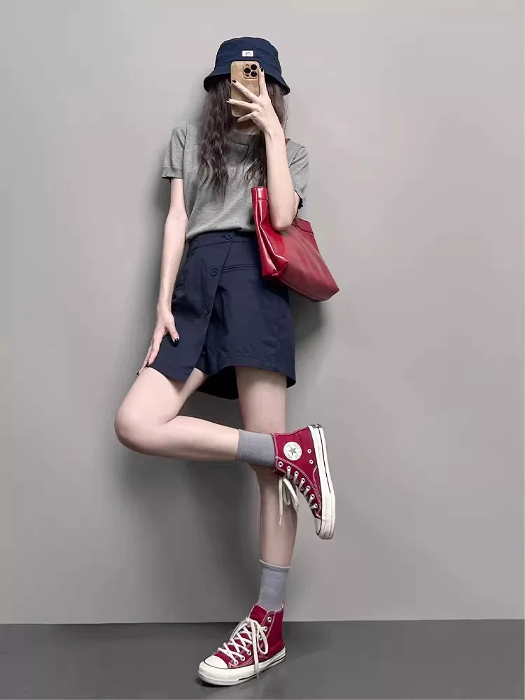 Váy chữ A dáng quả lê không đều cho nữ, cỡ lớn mùa hè, cạp cao, che hông, váy ngắn dáng suông giúp thon gọn