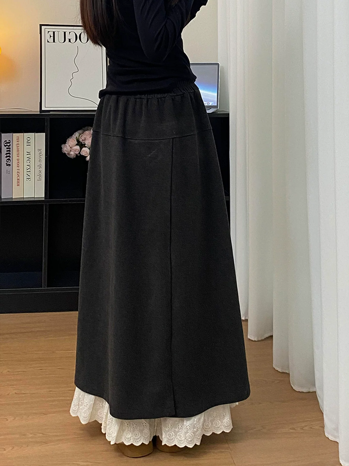 Váy chắp vá viền ren dành cho nữ, phong cách mùa thu mới, cỡ lớn, lưng cao, che hông, giảm béo, quần váy ống rộng thông thường.