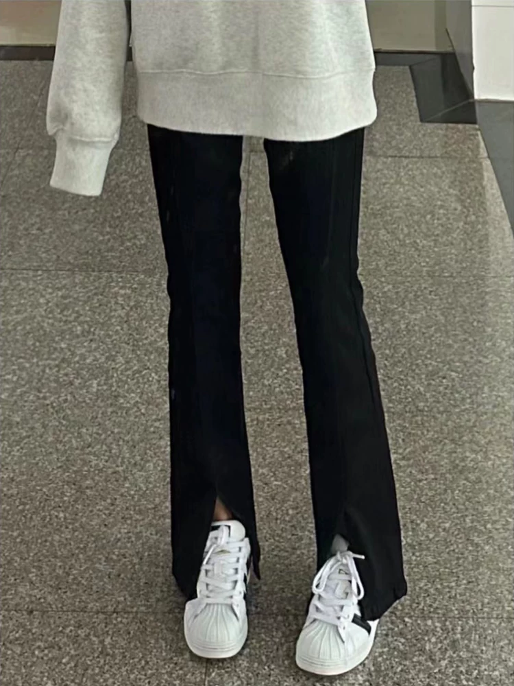 Quần jean đen dáng lê dành cho nữ cỡ lớn, kiểu mới đầu thu, cạp cao, co giãn, xẻ tà, tôn dáng, ống thẳng