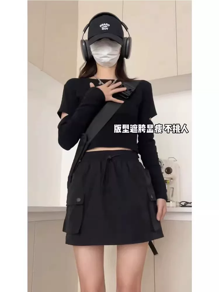 Váy ngắn công sở màu đen dành cho nữ, kiểu dáng mỏng mùa hè, cỡ lớn, lưng cao, che hông, giảm béo, nhỏ nhắn, váy chữ A có dây rút.