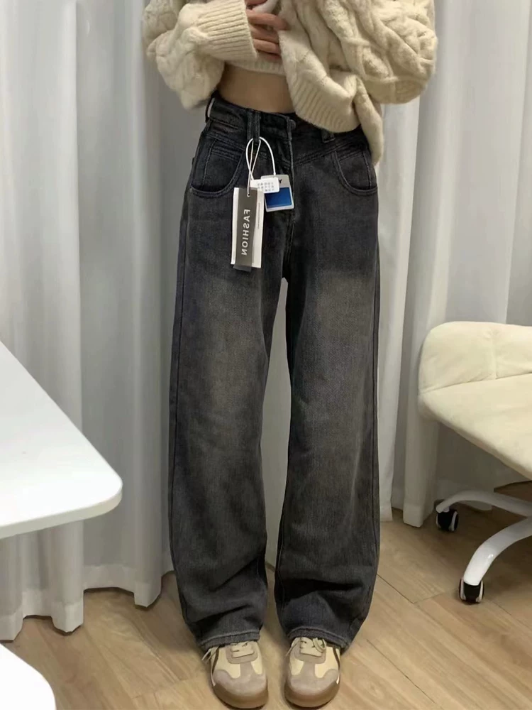 Quần jean ống đứng màu đen và xám dành cho nữ, mùa thu đông, cỡ lớn, lót lông cừu, dày dặn, lưng cao, dáng rộng, giảm béo, quần ống rộng.