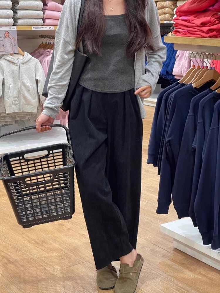 Quần vải nhung đen thường ngày dành cho nữ, cỡ lớn, mùa thu đông, lót lông cừu, dày dặn, phong cách lười biếng, lưng cao, giảm béo, quần ống rộng.