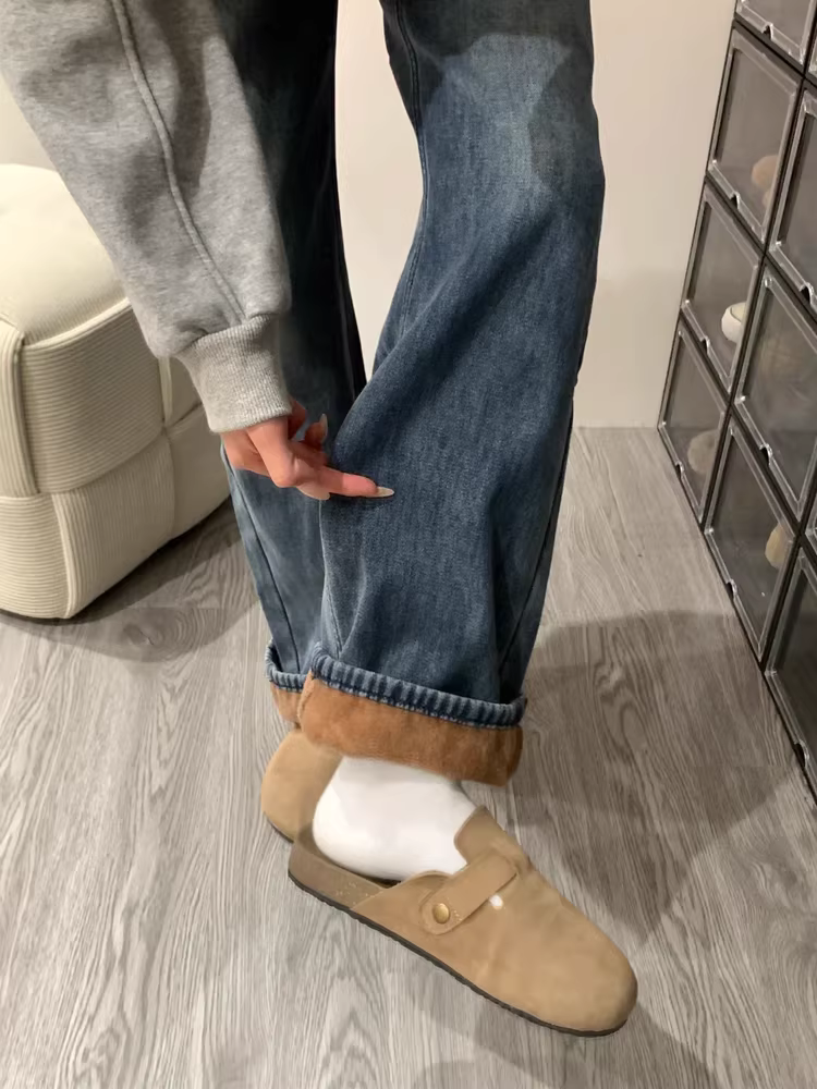 Quần jean ống rộng dày lót lông màu xanh cổ điển dành cho nữ, mùa thu đông, cỡ lớn, cạp cao, che hông, giảm béo, quần ống thẳng hẹp.