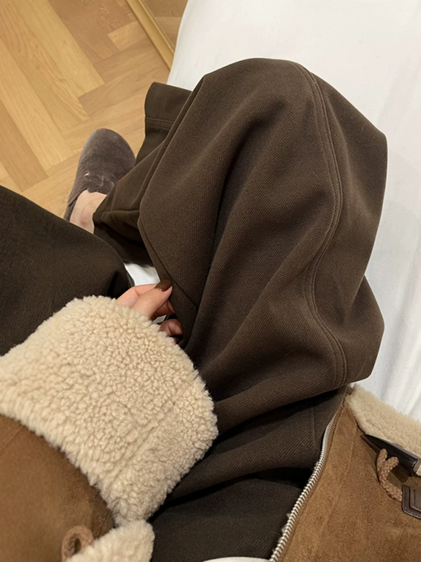 Quần ống rộng bằng len màu nâu dành cho nữ, lót lông cừu mùa đông, dày, cỡ lớn, lưng cao, mềm mại, thon gọn, dáng quả lê, quần ống thẳng thường ngày