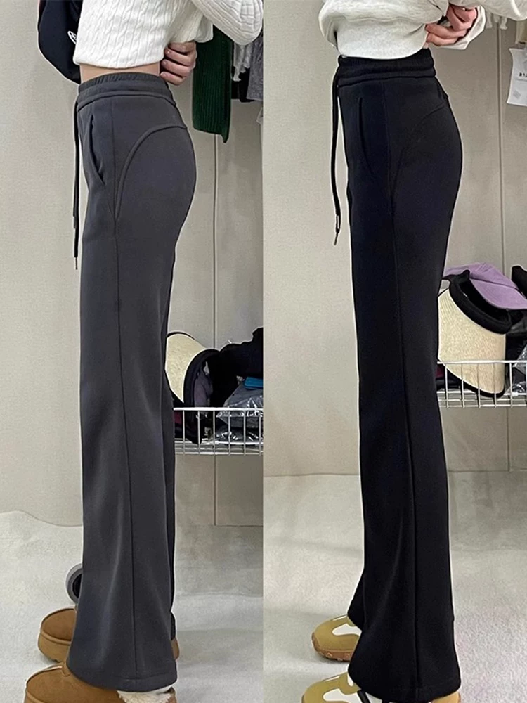 Quần ống loe thường ngày dành cho nữ, mùa thu đông, cỡ lớn, lót lông cừu, dày dặn, cạp cao, che hông, giảm béo, quần thể thao