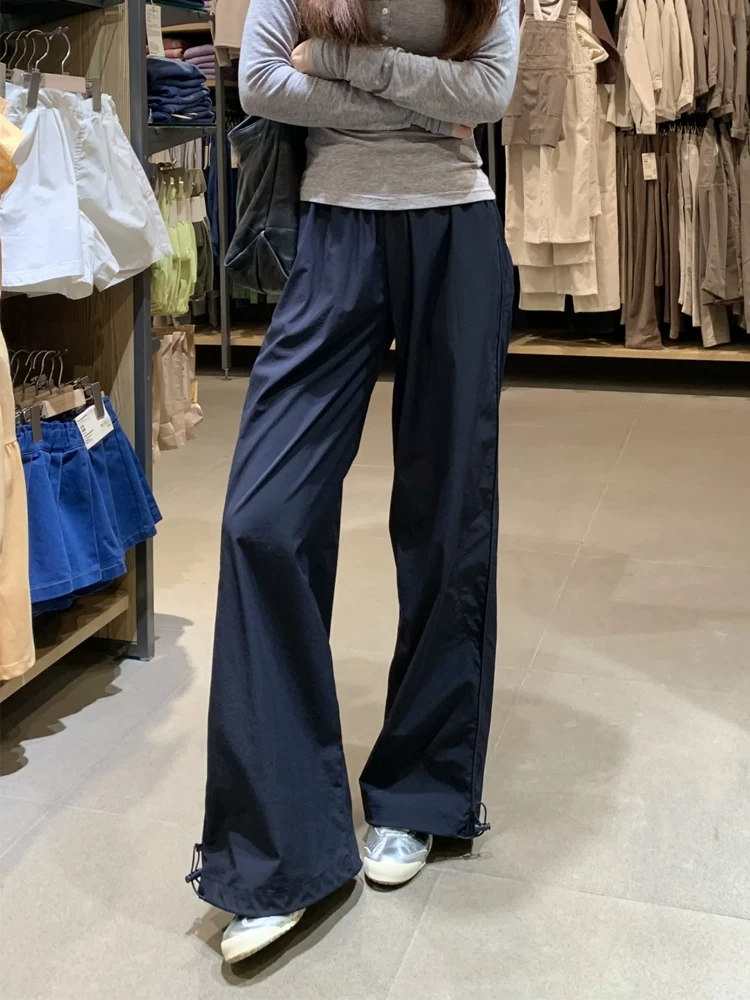 Quần cargo màu xanh hải quân dành cho nữ, phong cách mùa hè mới, cỡ lớn, lưng cao, dáng rộng, tôn dáng, dáng quả lê, quần ống rộng thông thường