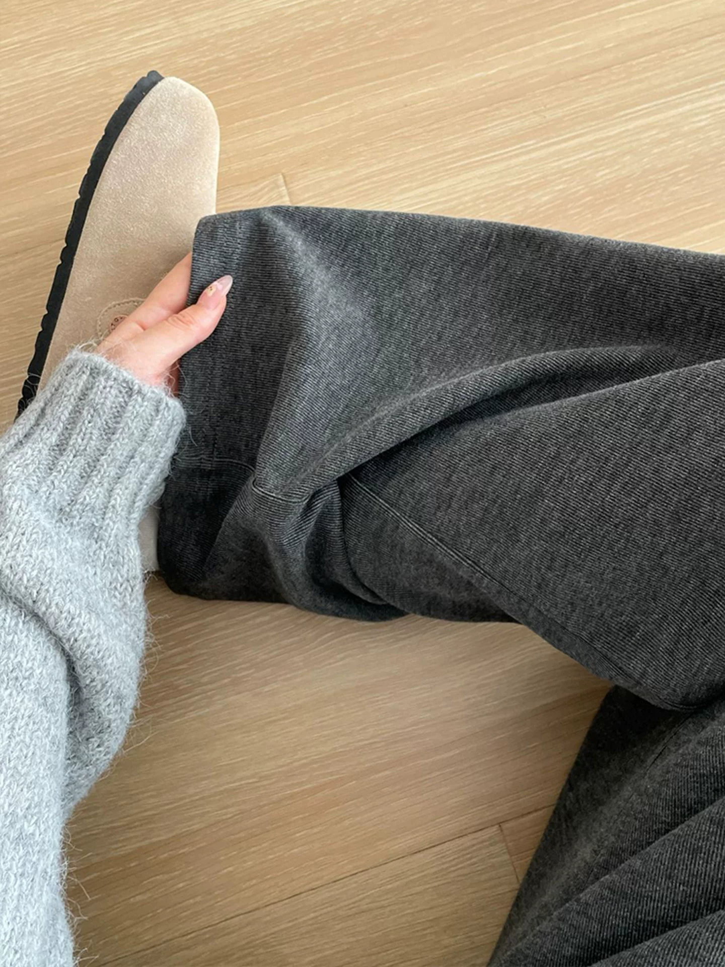 Quần gạo nếp thoải mái dành cho nữ, mùa thu đông, lót lông cừu, dày dặn, cỡ lớn, lưng cao, dáng rộng, mềm mại, tôn dáng, quần ống rộng.